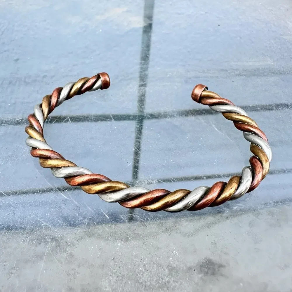 Copper Twist Cuff Bracelet Southwest Silver Brass Vintage Mixed Metal Rope Mens